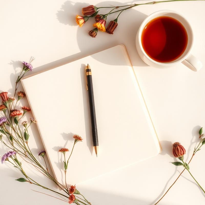 Flat lay with journal and tea